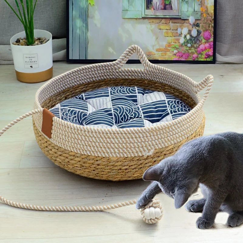Elevate summer lounging with our woven cat bed, providing cool comfort for your feline friend.